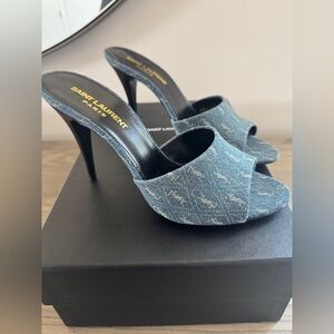 Saint Laurent YSL Denim Jean Logo Heel Mules Size 37 EU / US 7